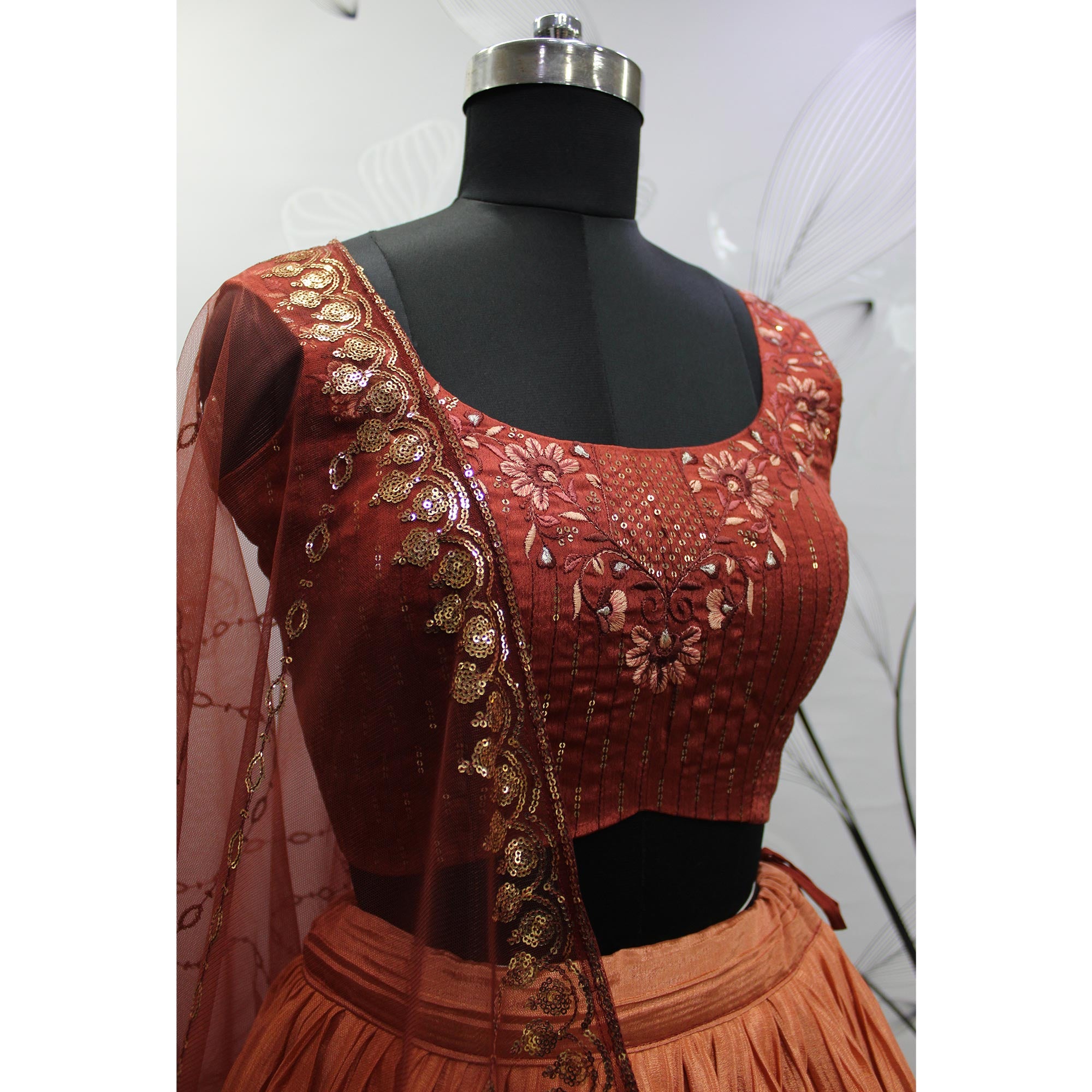 Peach Foil Printed Chiffon Lehenga Choli
