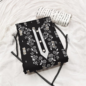 Black Printed With Embroidered Rayon Dress Material