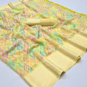 Yellow Printed Georgette Saree With Tassels