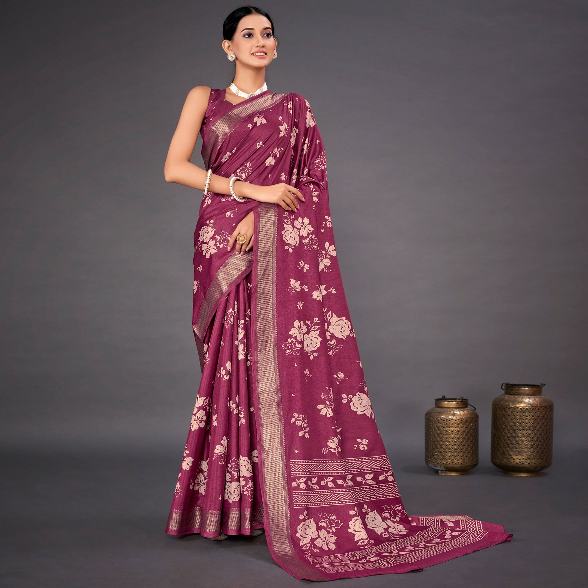 Purple Floral Printed Dola Silk Saree