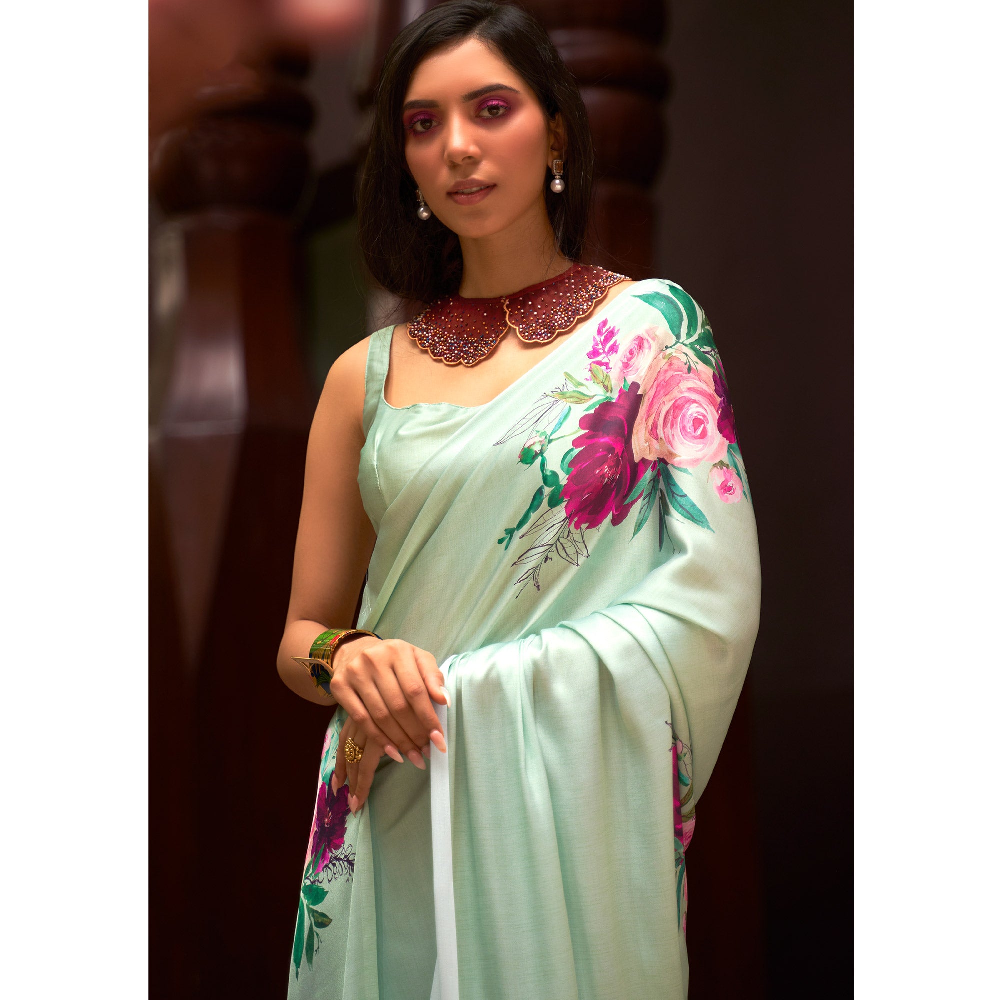 Green Floral Digital Printed Satin Saree