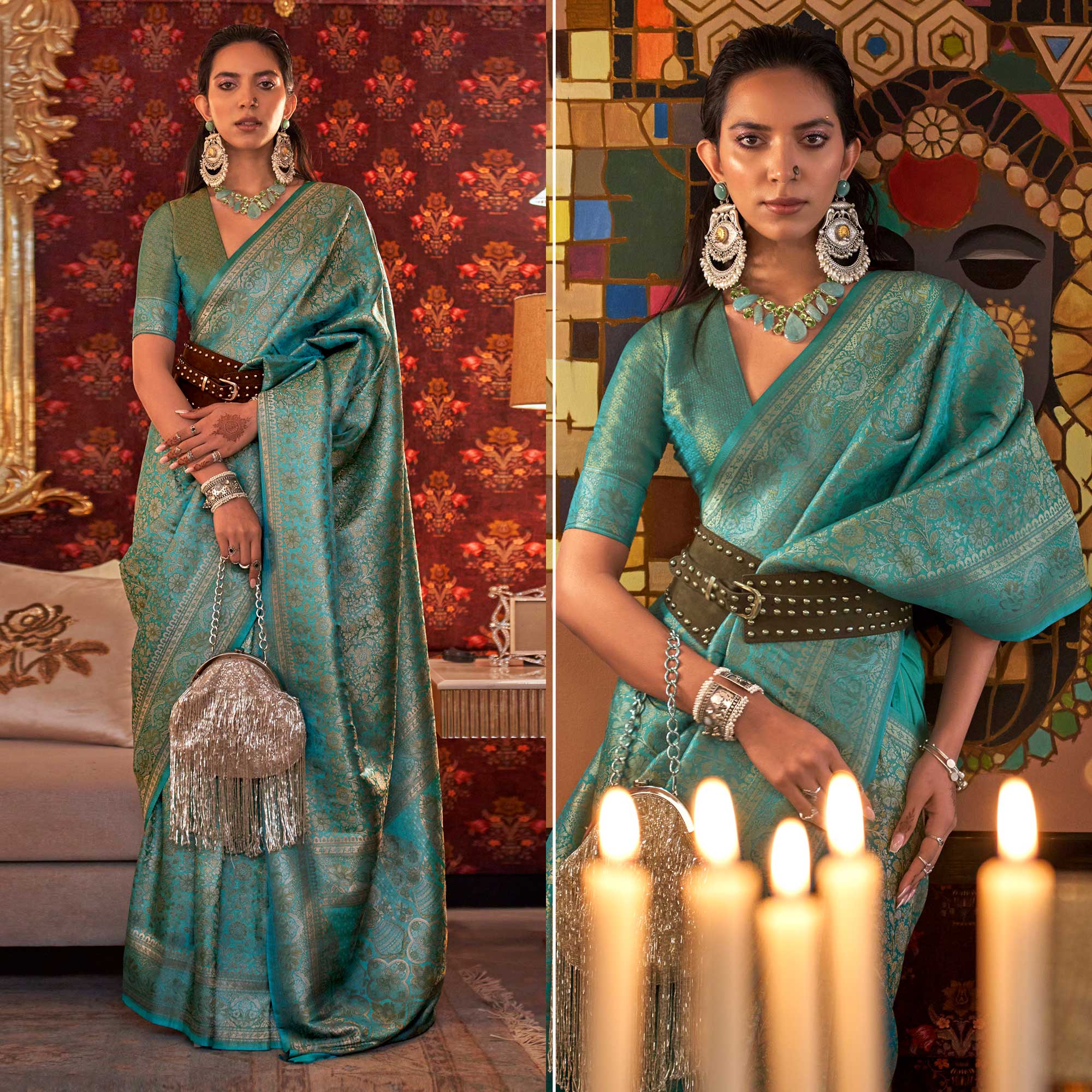 Turquoise Floral Woven Art Silk Saree
