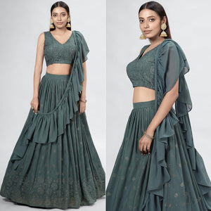 Dark Grey Embellished With Embroidered Georgette Lehenga Choli
