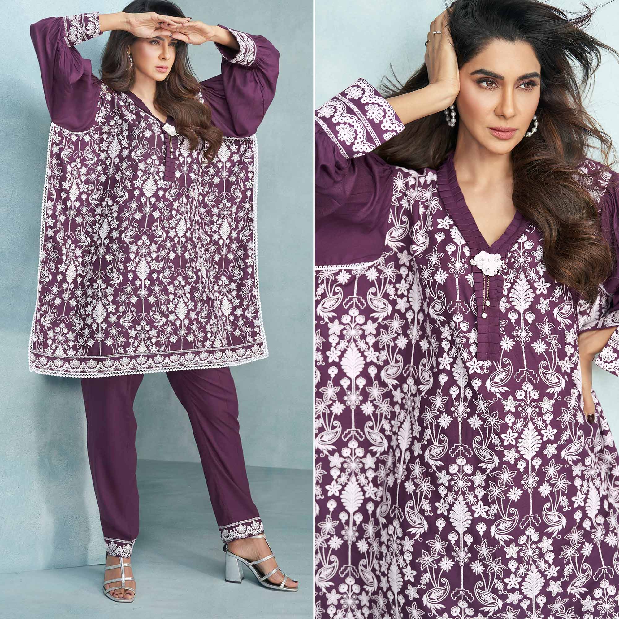 Wine Floral Embroidered Rayon Kaftan Set