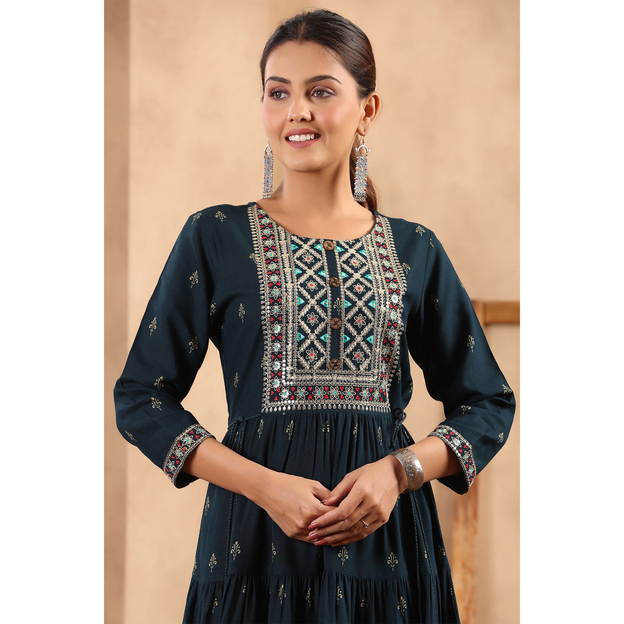 Navy Blue Printed With Embroidered Rayon Gown