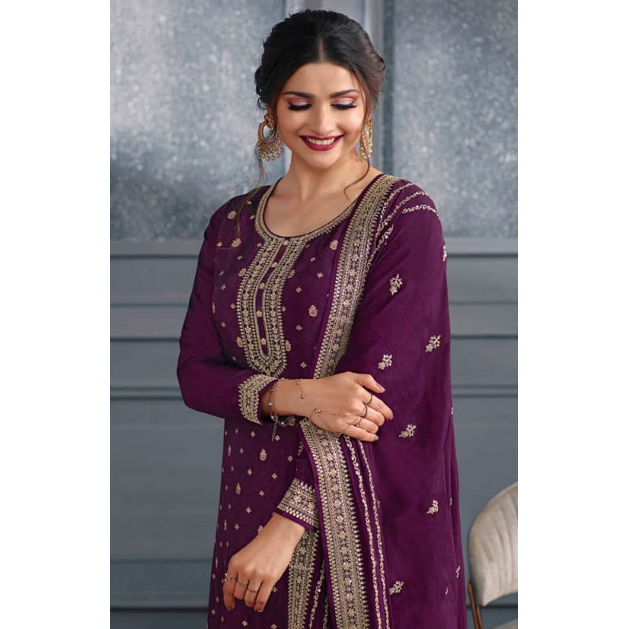 Purple Woven With Sequins Embroidered Dola Silk Palazzo Suit