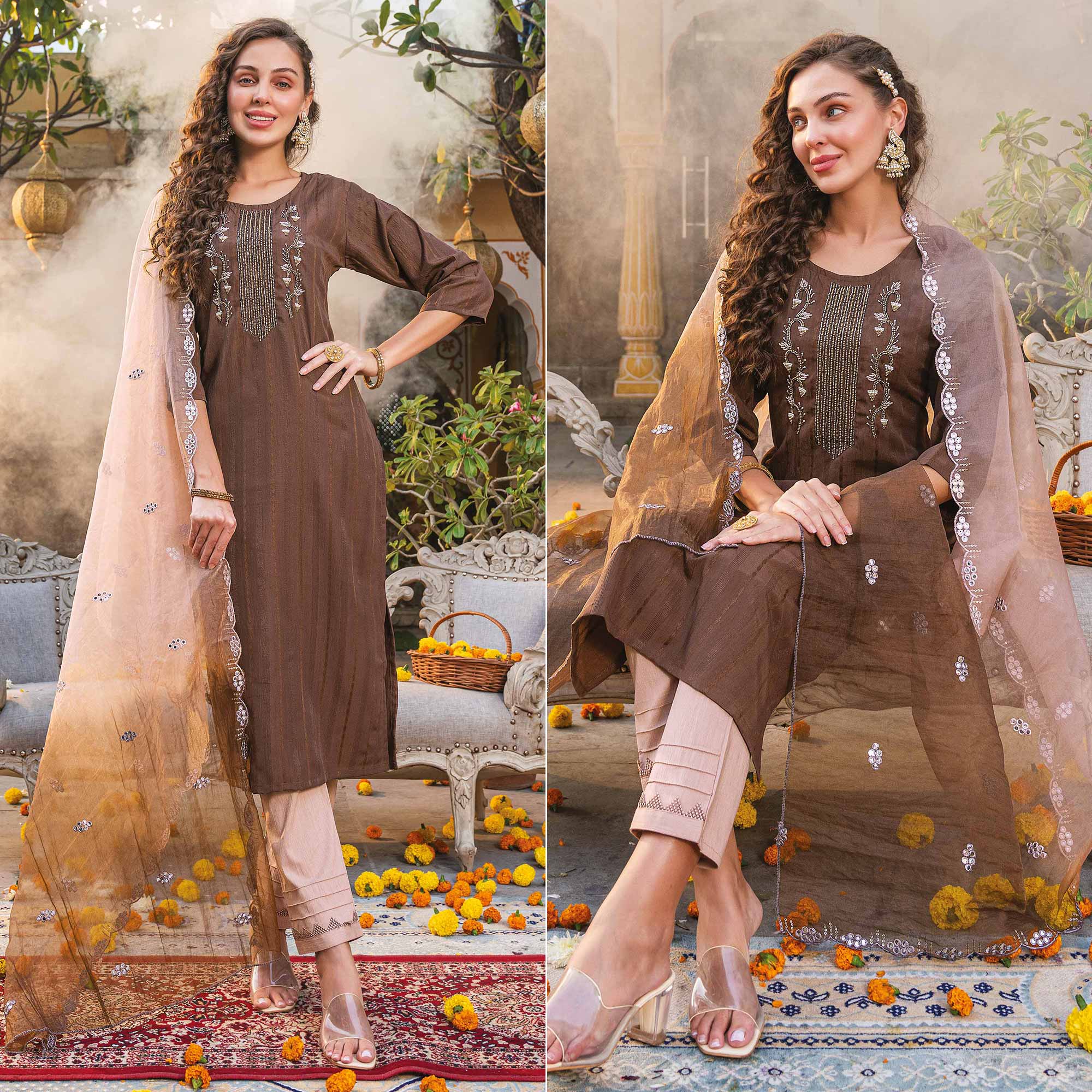 Brown Embellished Viscose Salwar Suit