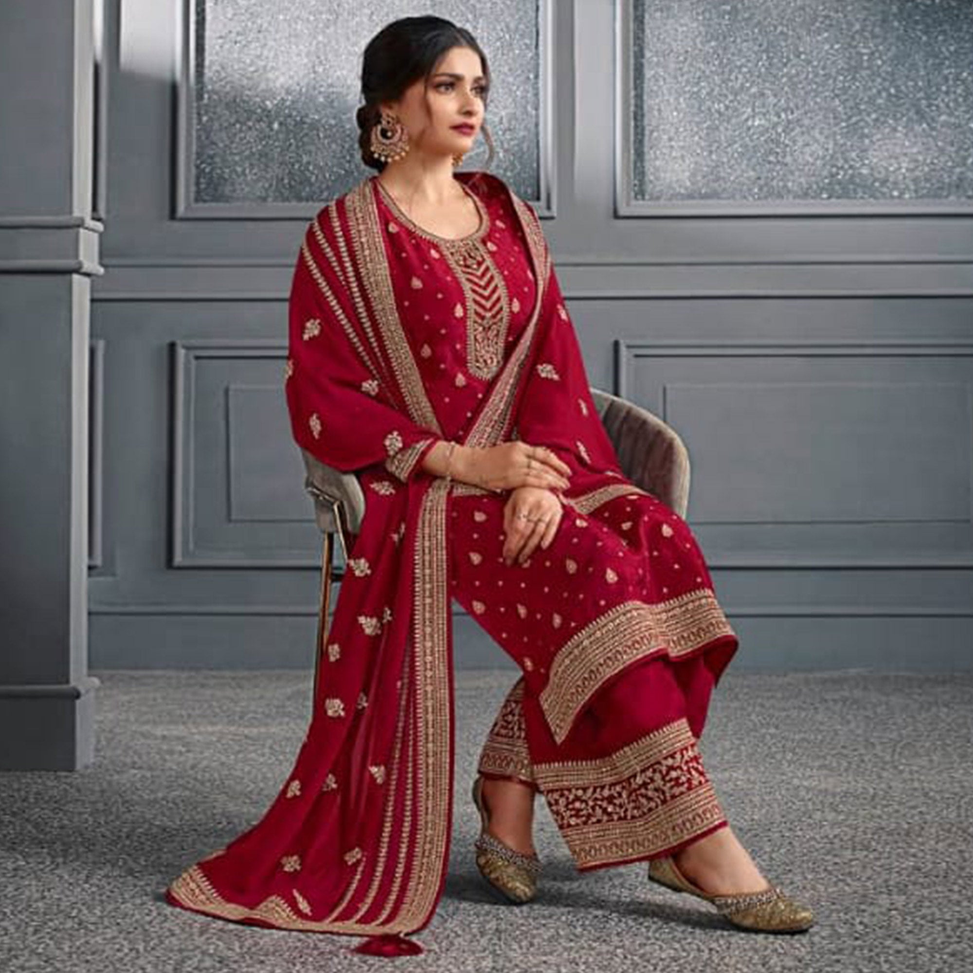 Red Woven With Sequins Embroidered Dola Silk Palazzo Suit