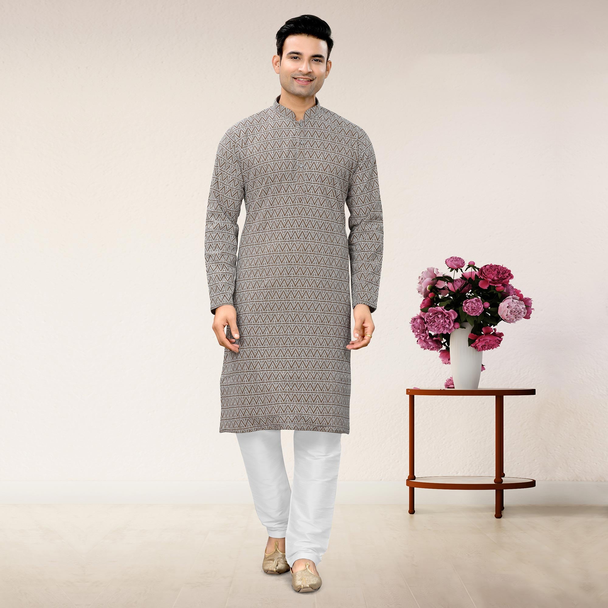 Brown Lucknowi Embroidered Georgette Kurta Pyjama Set