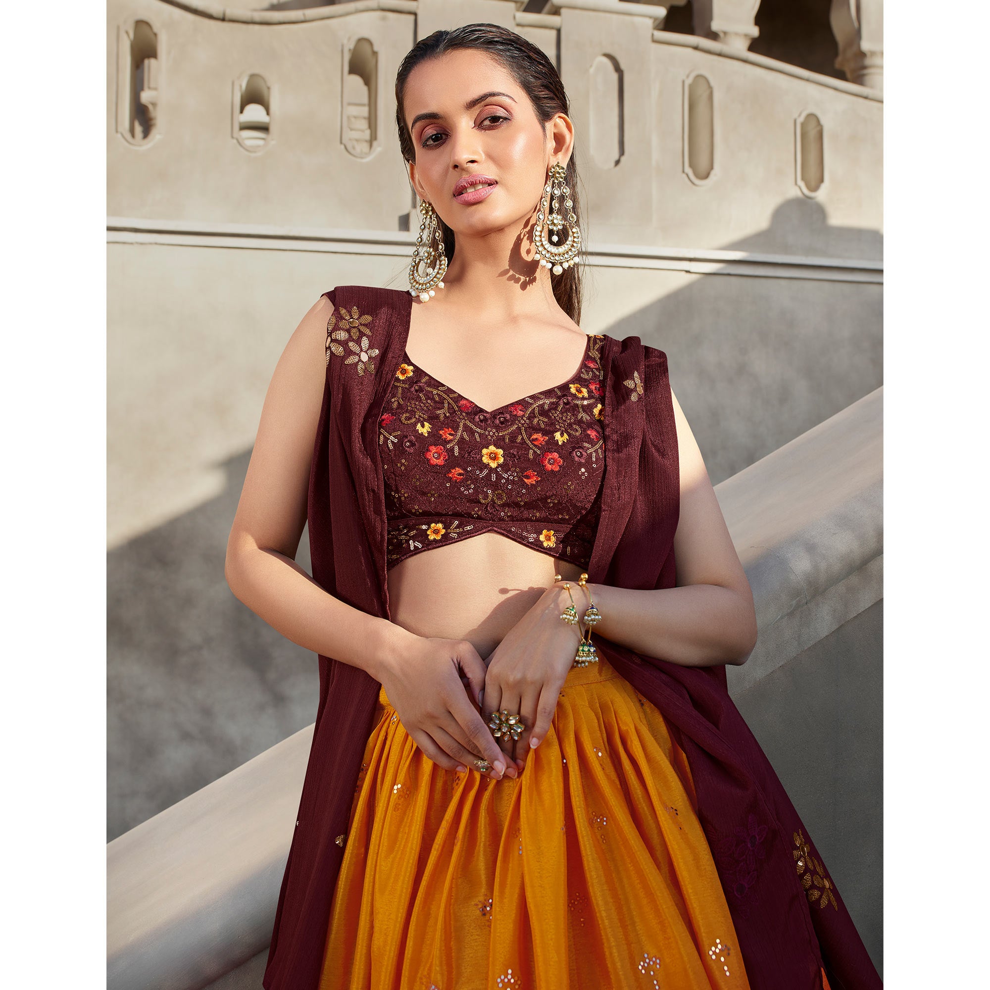 Orange & Wine Embellished Mirror Work Georgette Lehenga Choli
