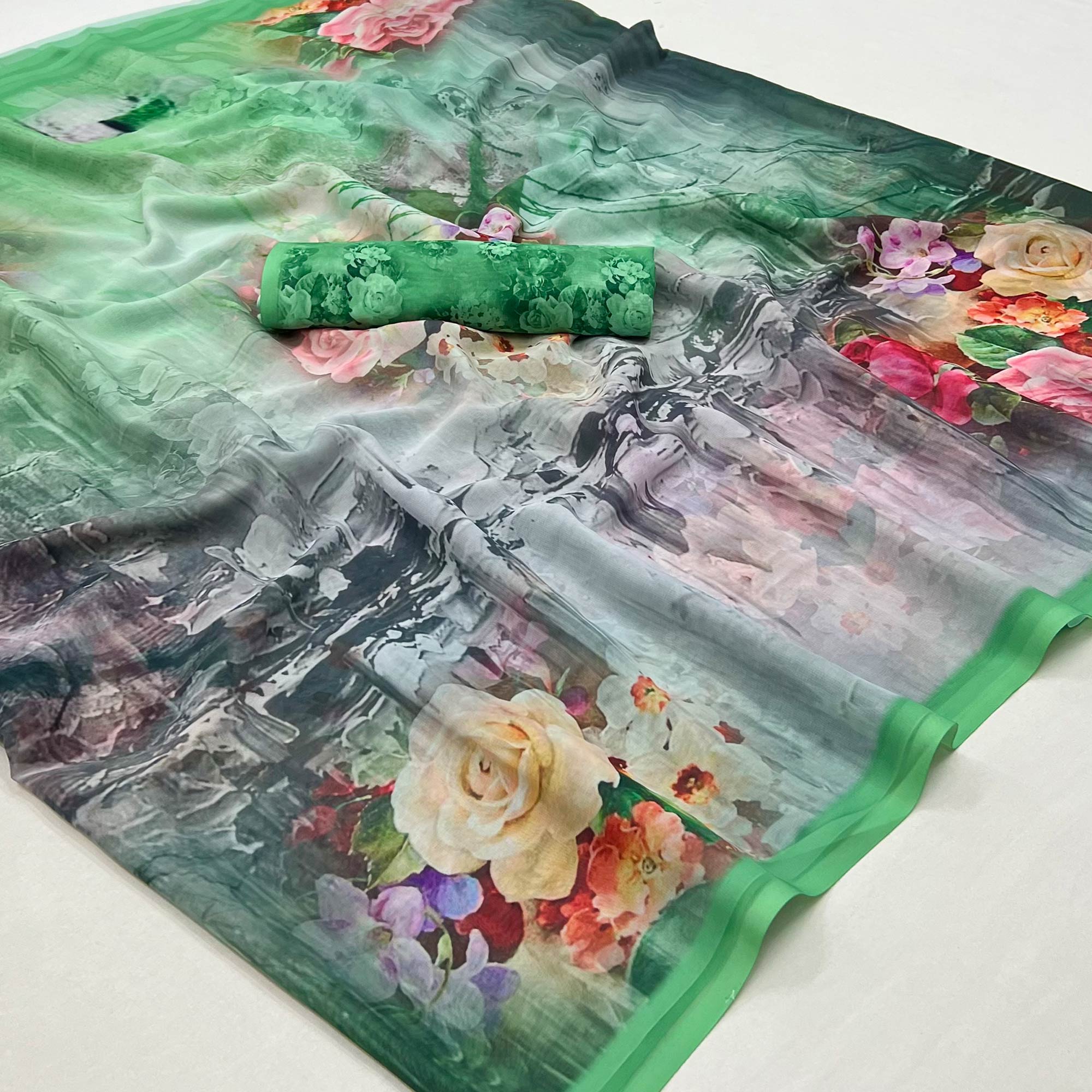 Green Digital Printed Georgette Saree