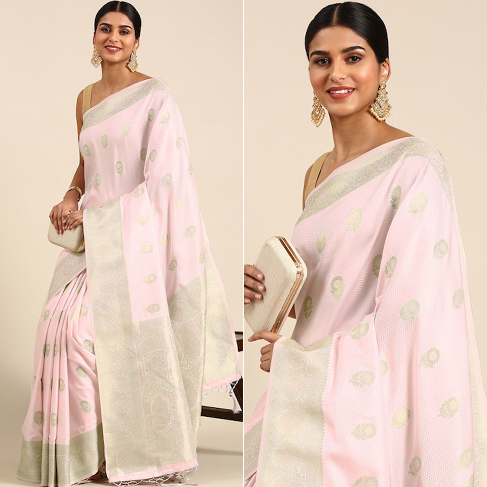 Pink Woven Kanjivaram Silk Saree WithTassels