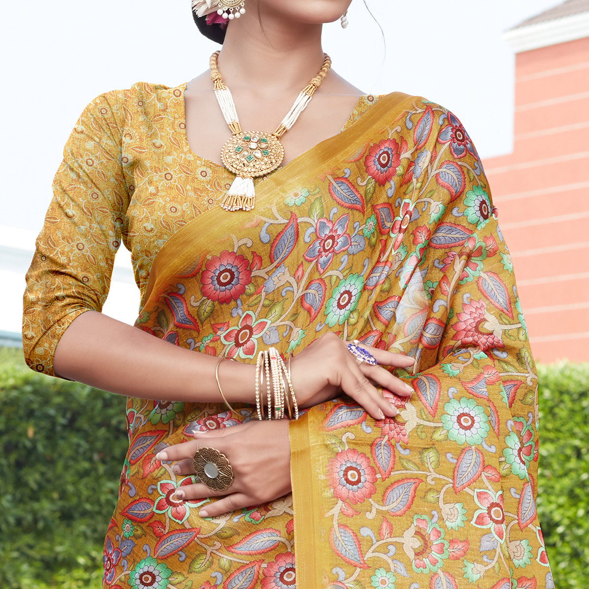 Mustard Floral Digital Printed Cotton Silk Saree