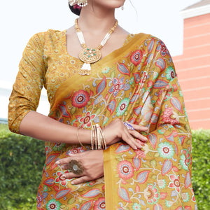 Mustard Floral Digital Printed Cotton Silk Saree