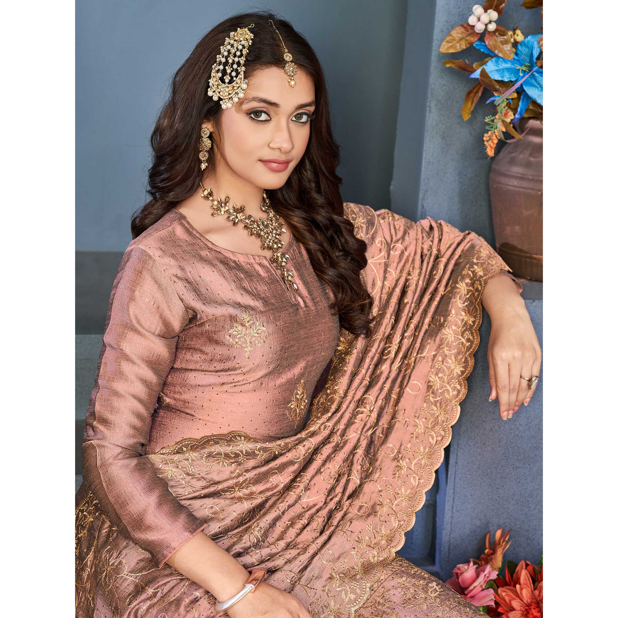 Peach Sequins Embroidered Vichitra Silk Suit