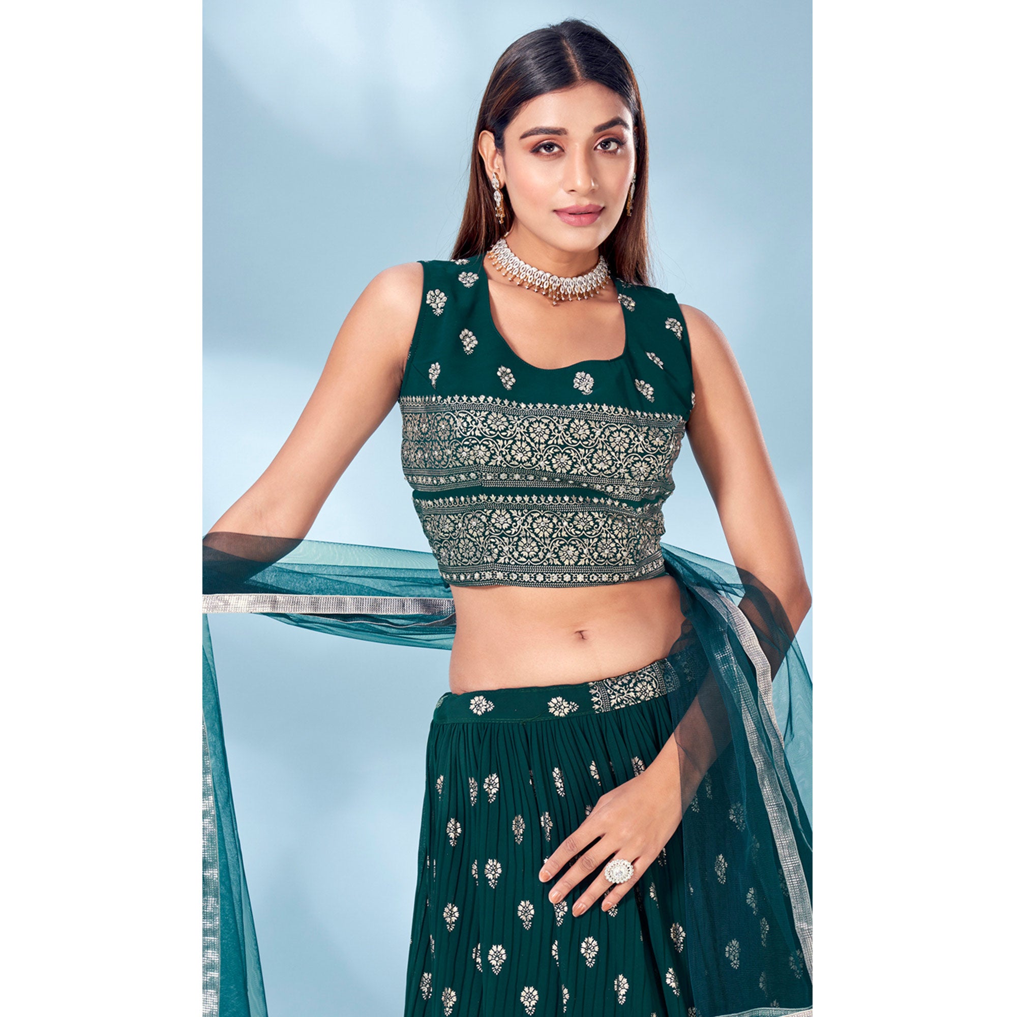 Bottle Green Floral Foil Printed Chiffon Lehenga Choli