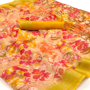 Mustard Floral Printed Linen Saree