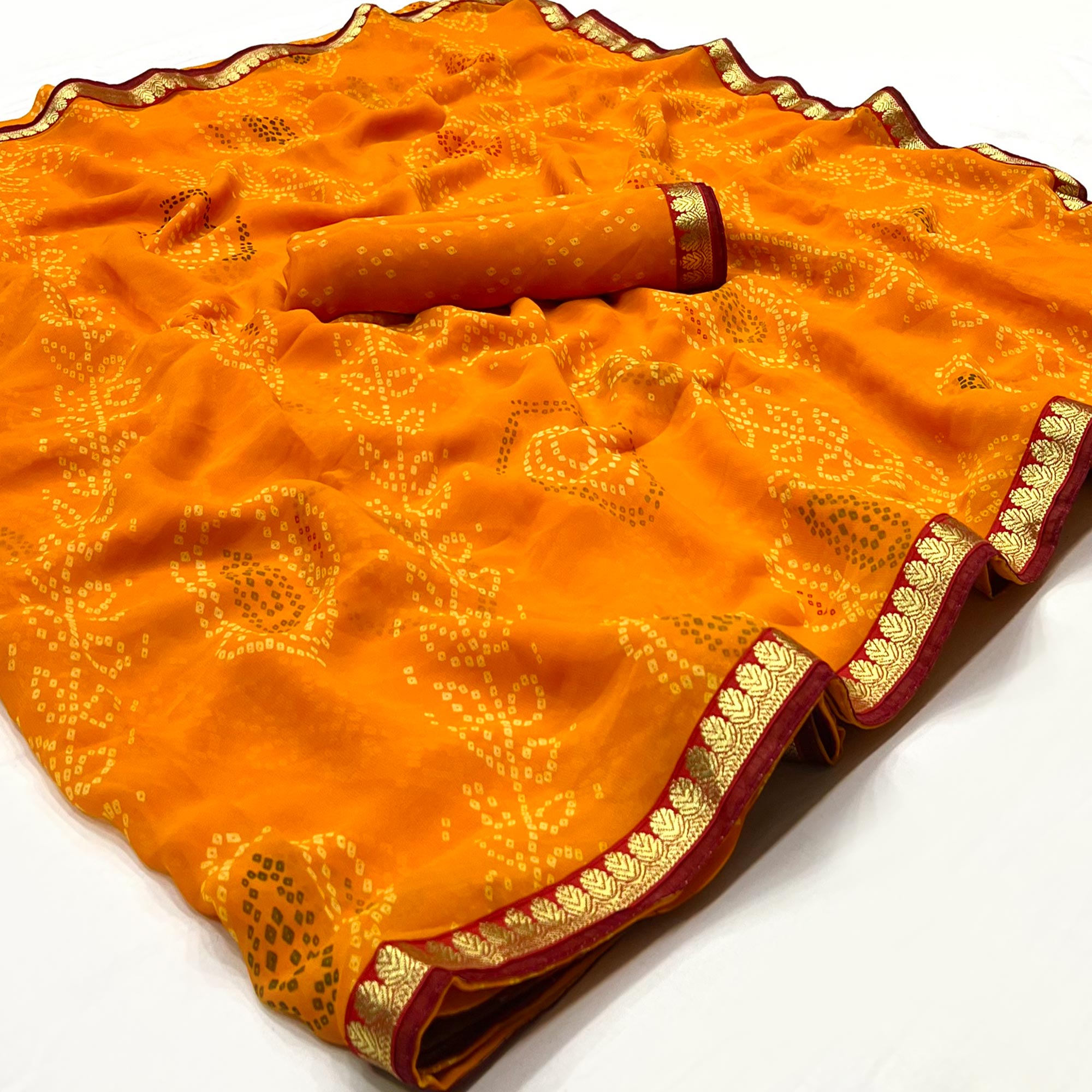 Yellow Bandhani Printed Georgette Saree With Designer Border
