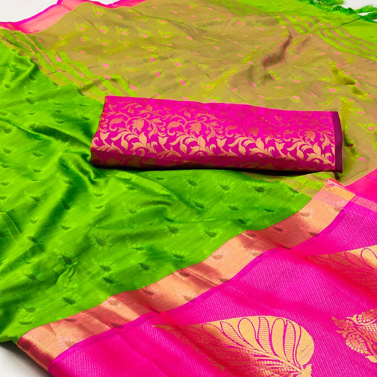 Parrot Green Woven Cotton Silk Saree With Tassels