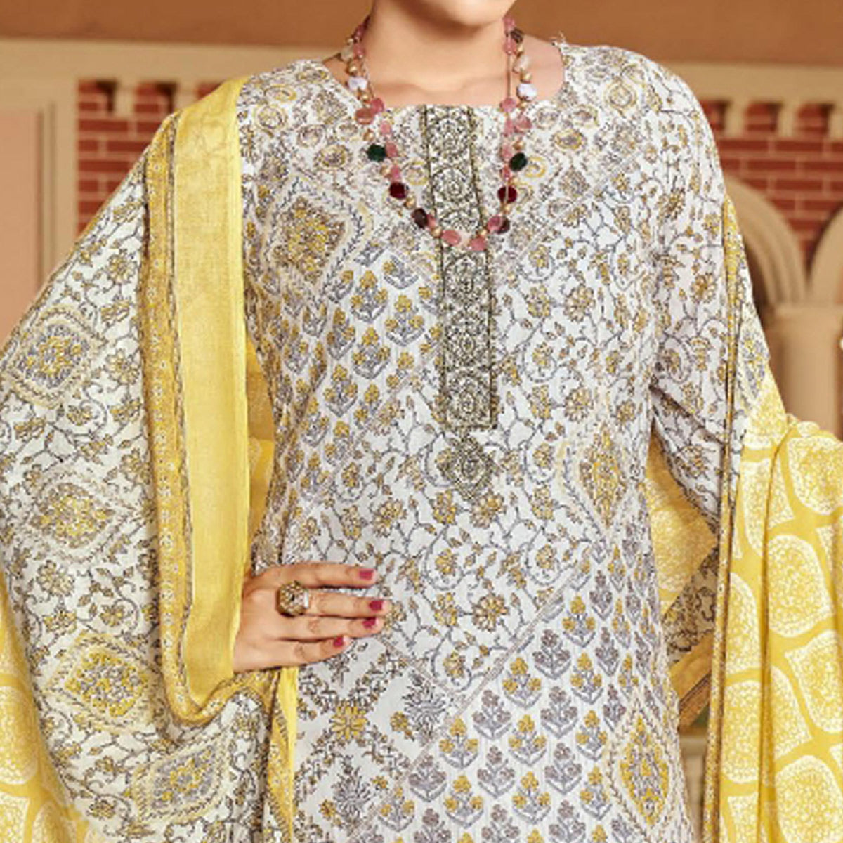White & Yellow Floral Print With Embroidered Pure Cotton Salwar Suit