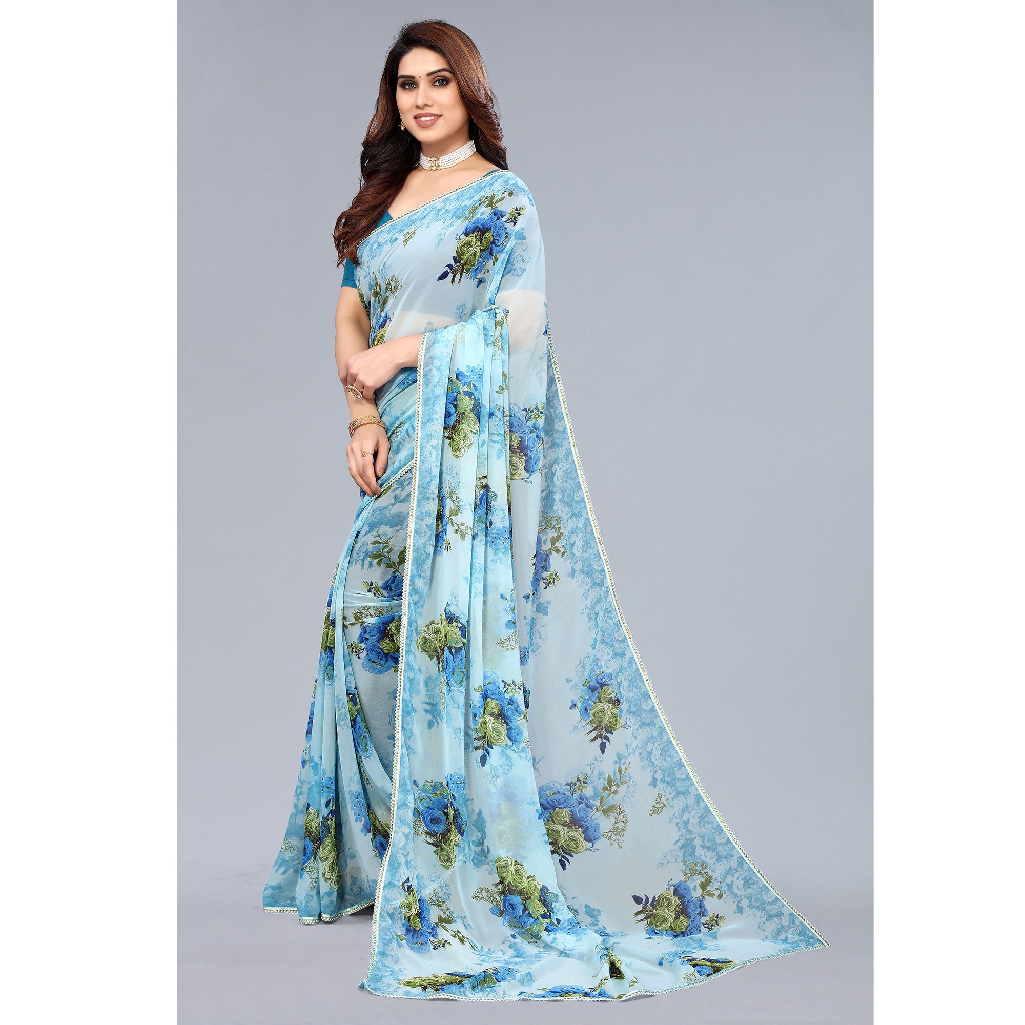 Sky Blue Floral Printed Georgette Saree