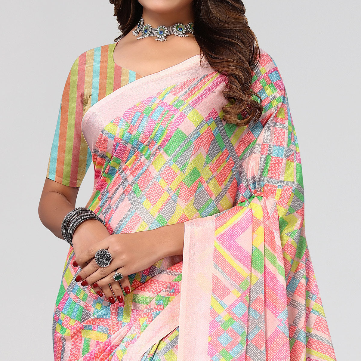 Pink Geometric Printed Chiffon Saree