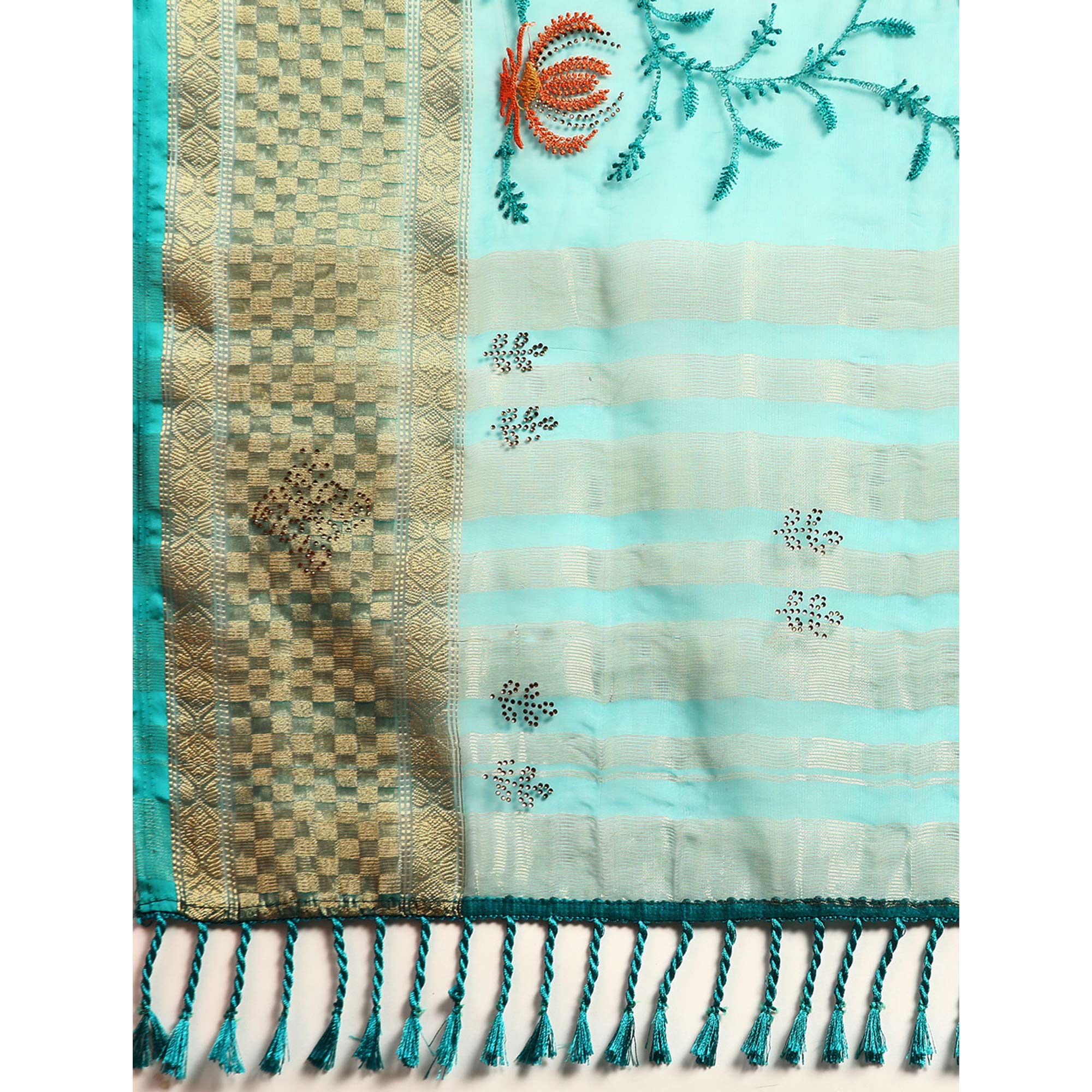 Turquoise Floral Embroidered Organza Saree