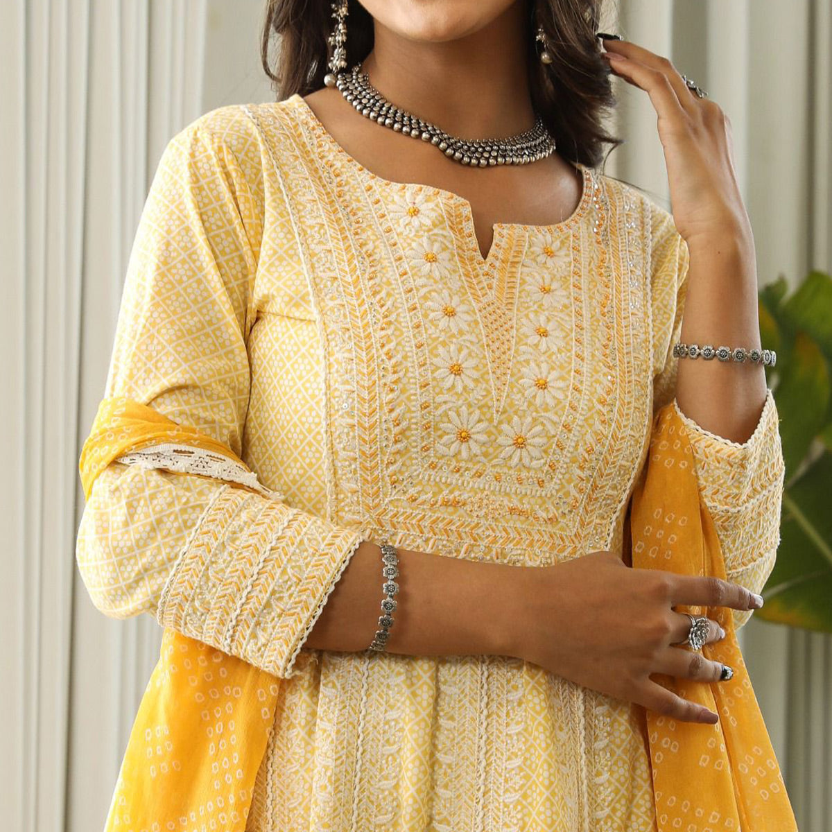 Yellow Floral Embroidered Pure Cotton Anarkali Suit