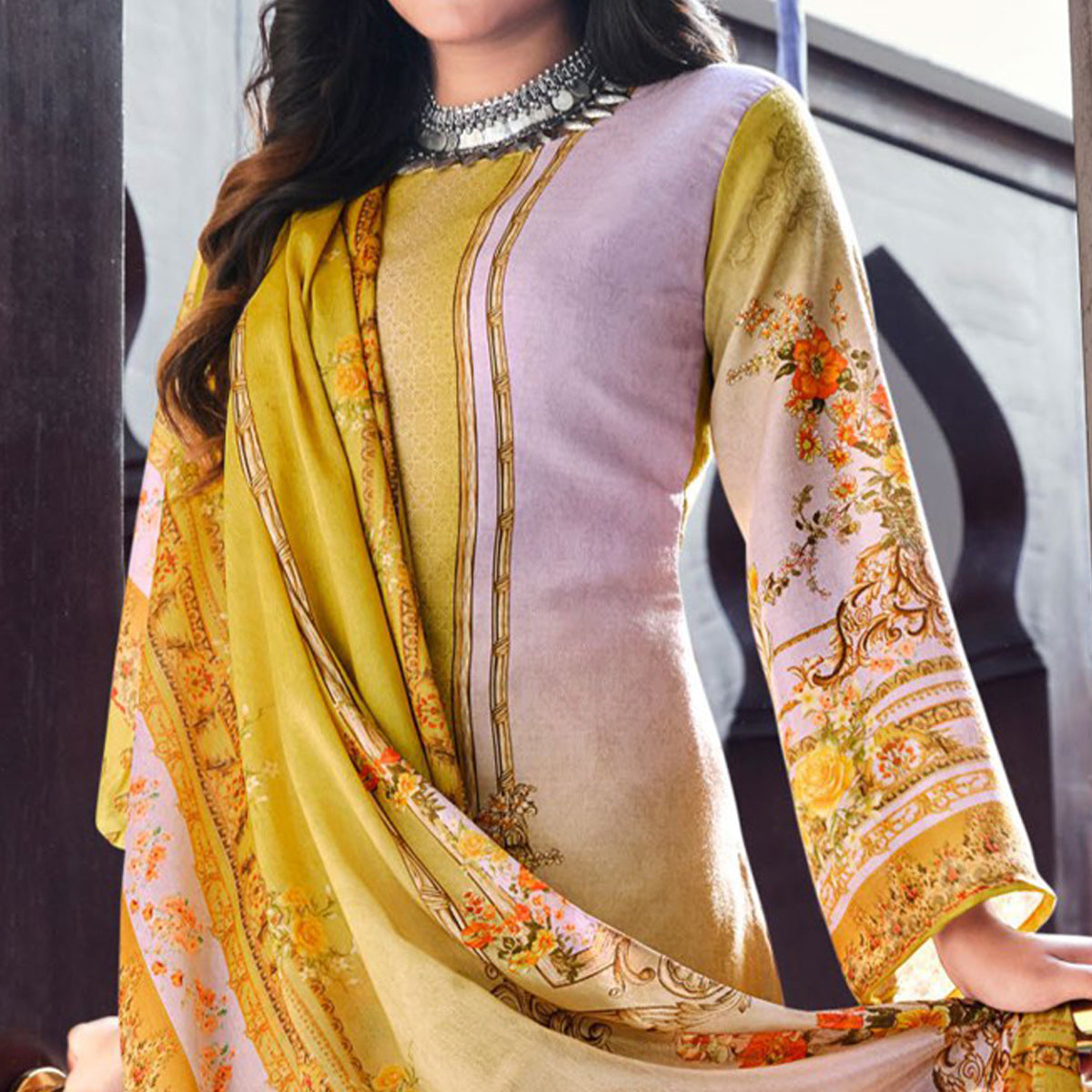 Mauve And Yellow Digital Printed With Daman Embroidered Pure Cotton Pakistani Suit