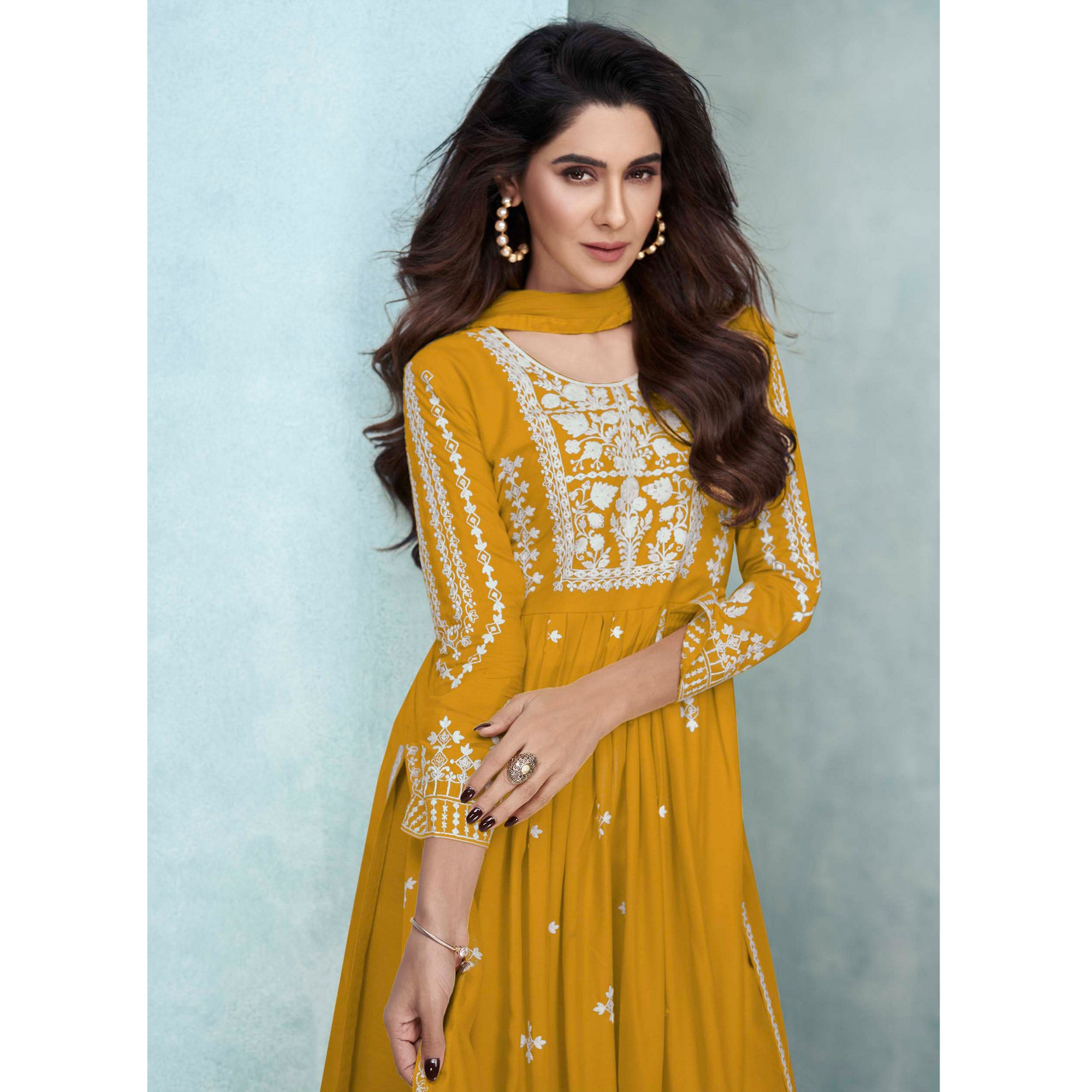 Mustard Lucknowi Embroidered Rayon Palazzo Suit
