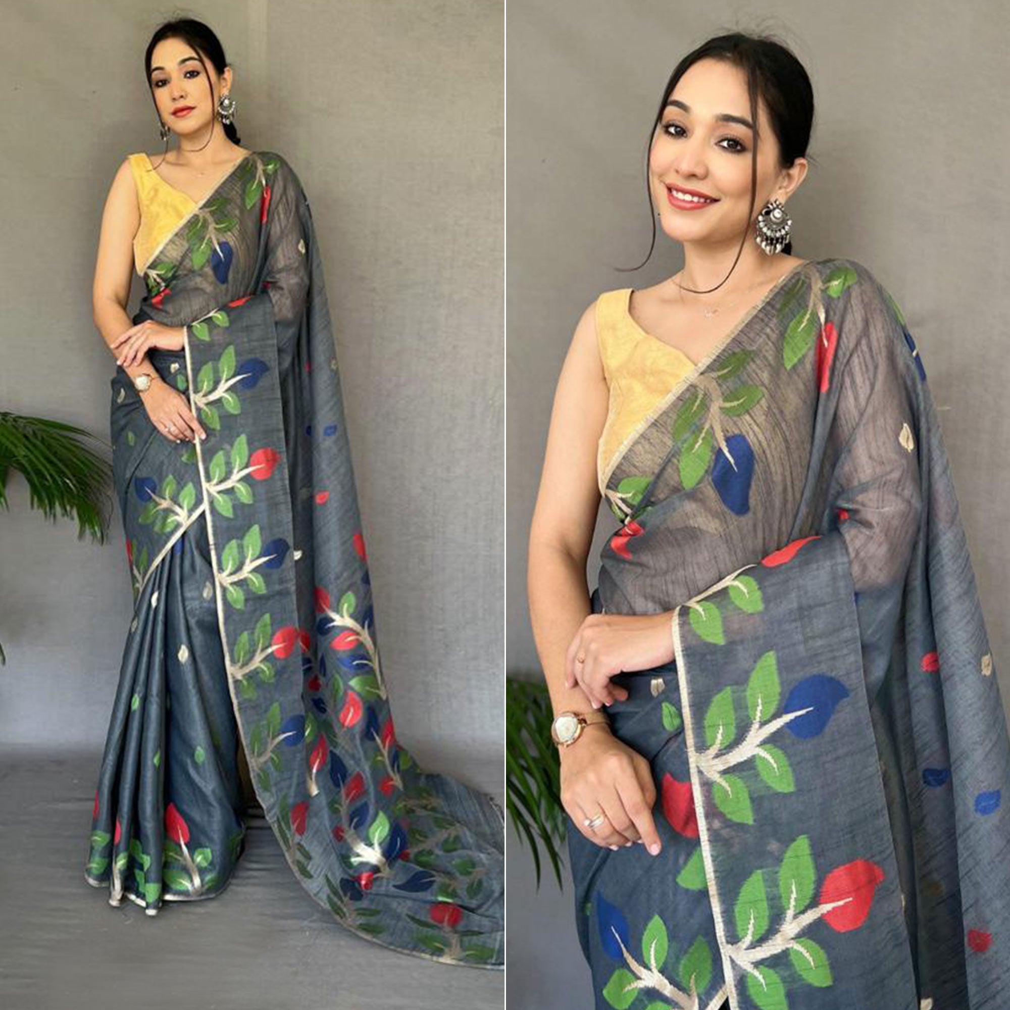 Grey Floral Woven Cotton Saree