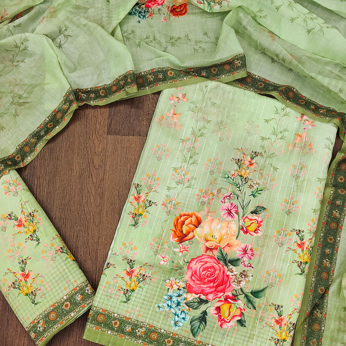 Green Floral Digital Printed Muslin Dress Material