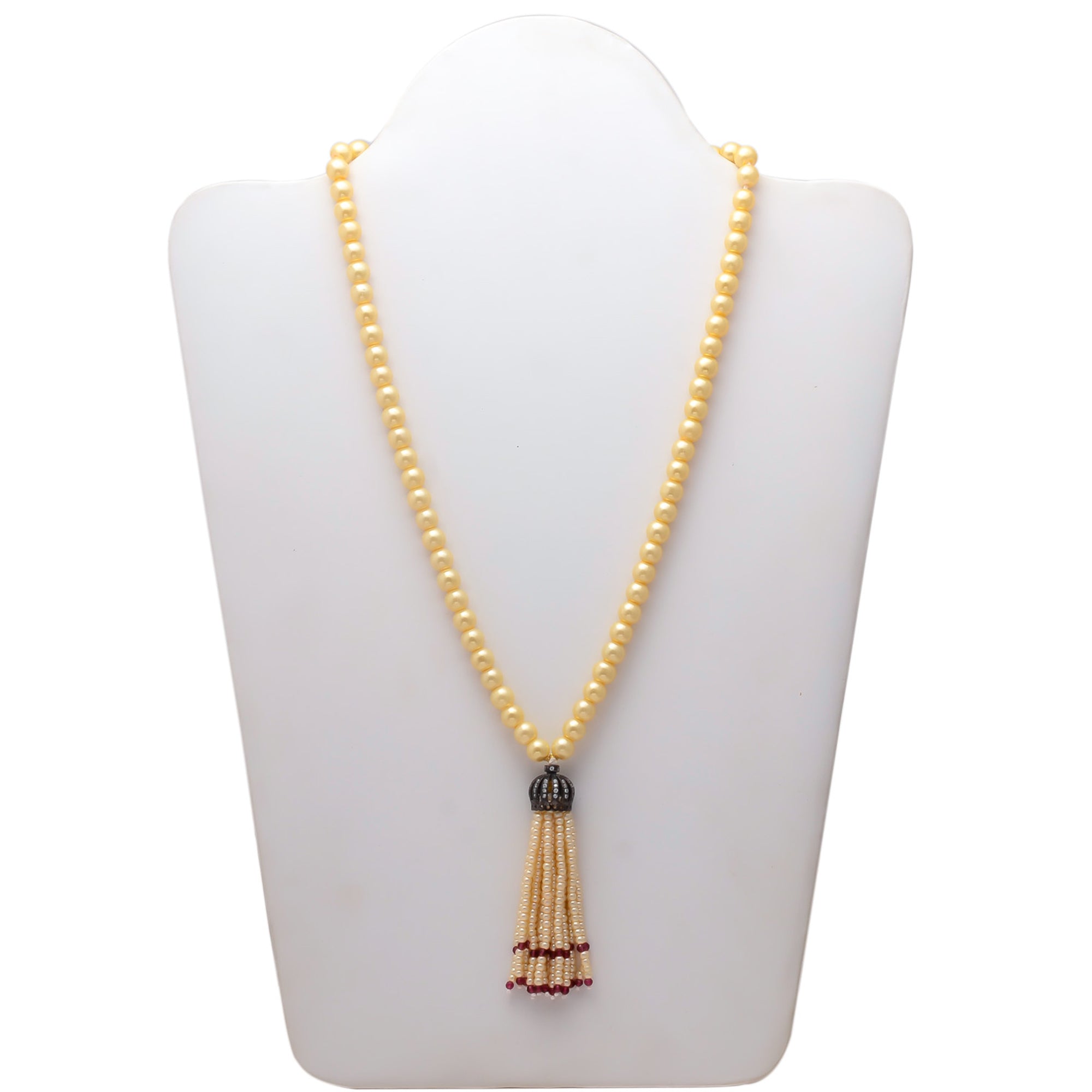 Cream Pearl Mala With Red Hangings