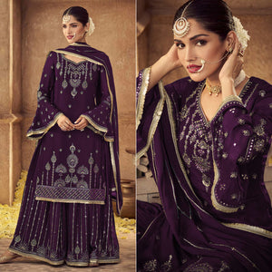 Purple Sequins Embroidered Georgette Sharara Suit