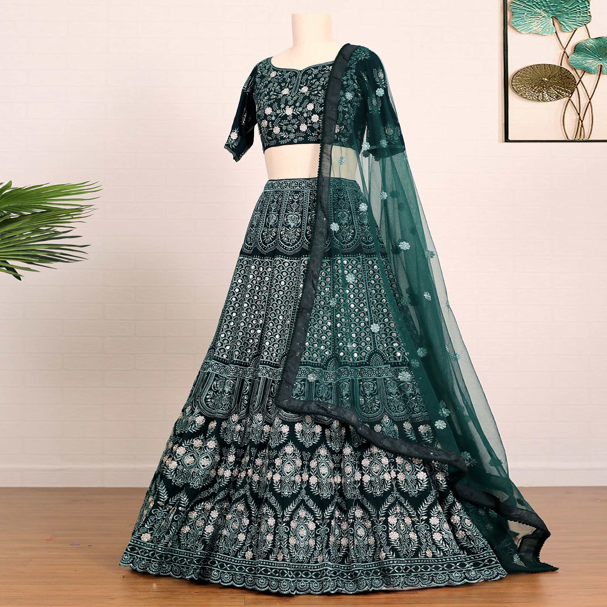 Bottle Green Sequins Embroidered Georgette Lehenga Choli