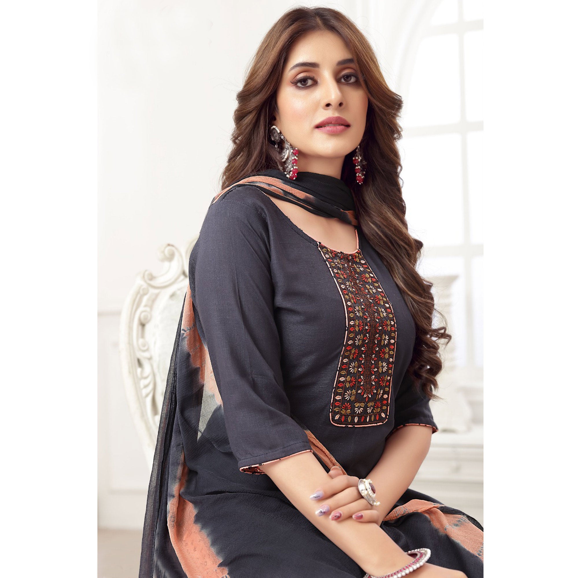 Dark Grey Embroidered Rayon Patiala Suit