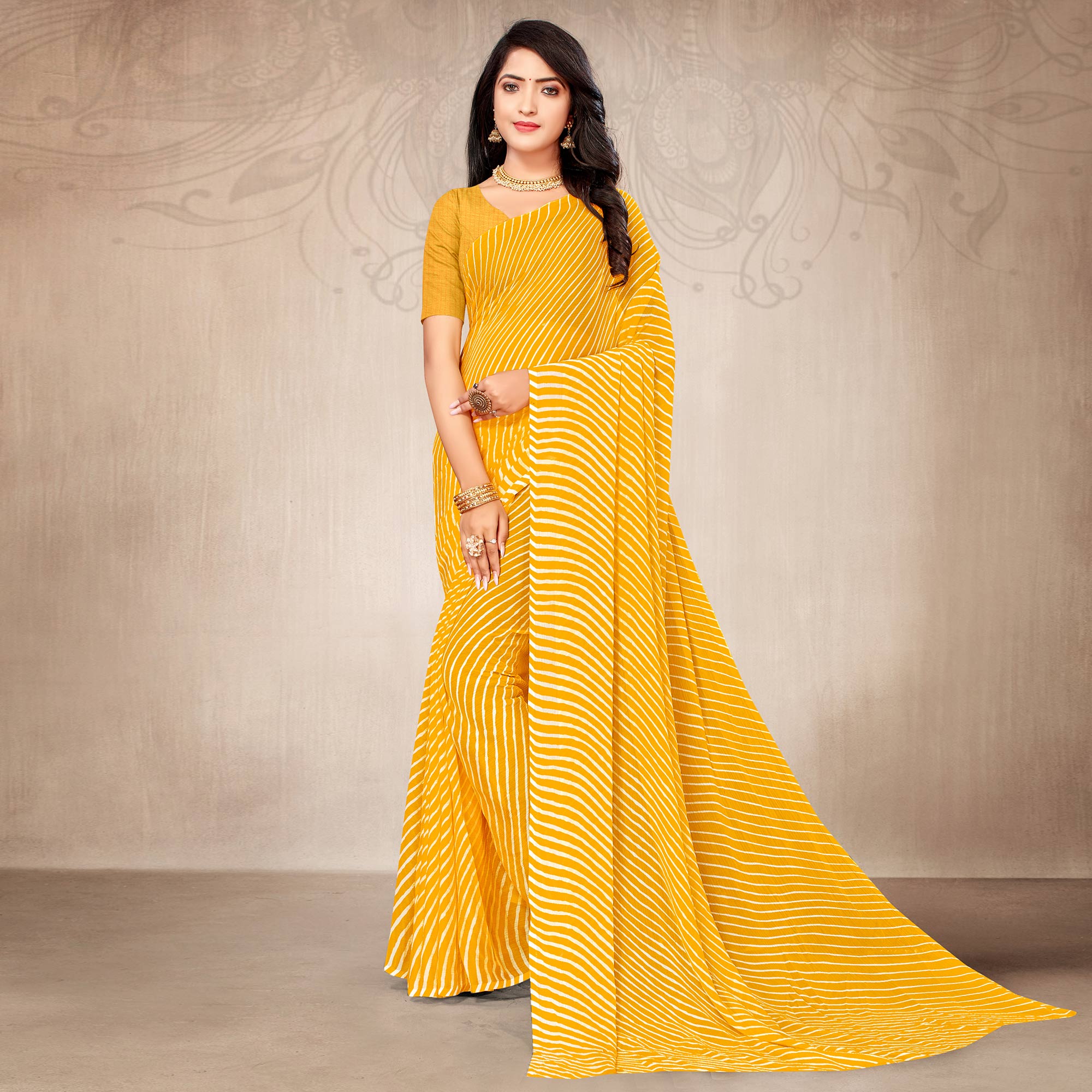 Yellow Striped Printed Chiffon Saree