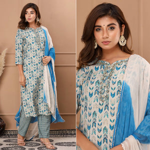 White-Blue Printed Muslin Salwar Suit