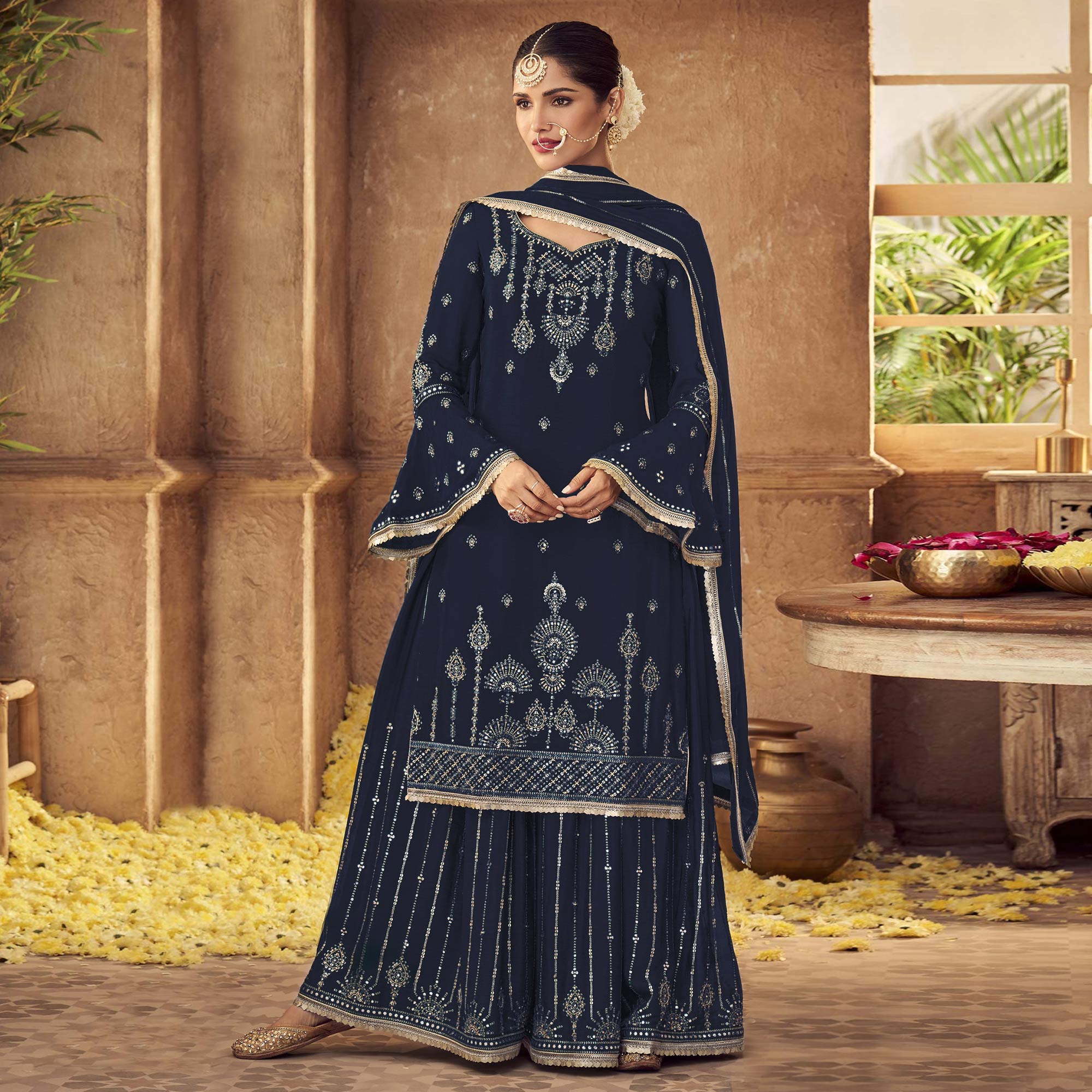 Navy Blue Sequins Embroidered Georgette Sharara Suit