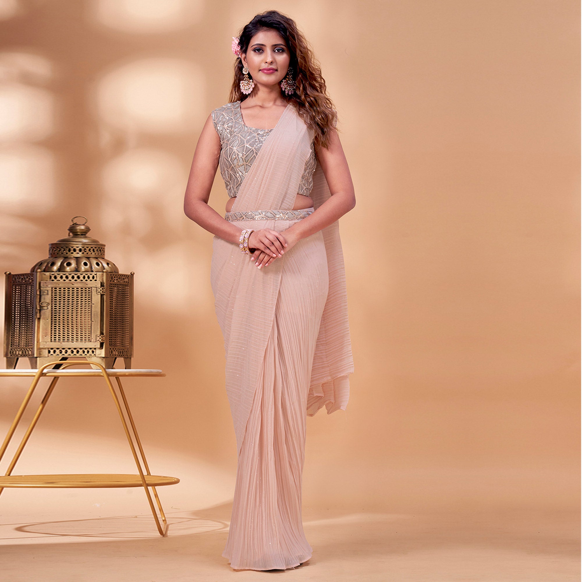 Peach Sequins Embroidered Ready to Wear Georgette Saree