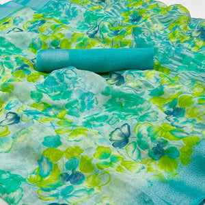 Blue Green Floral Printed Linen Saree