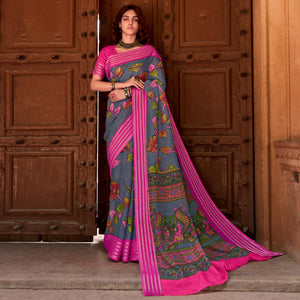 Grey Floral Printed Linen Saree