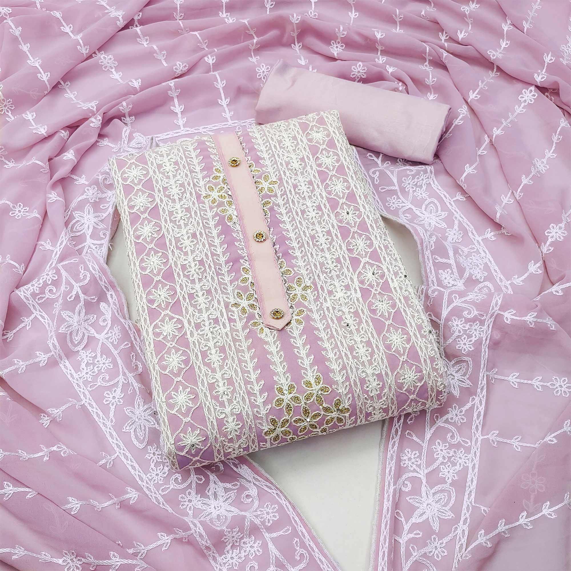 Pink Lucknowi Embroidered Georgette Dress Material