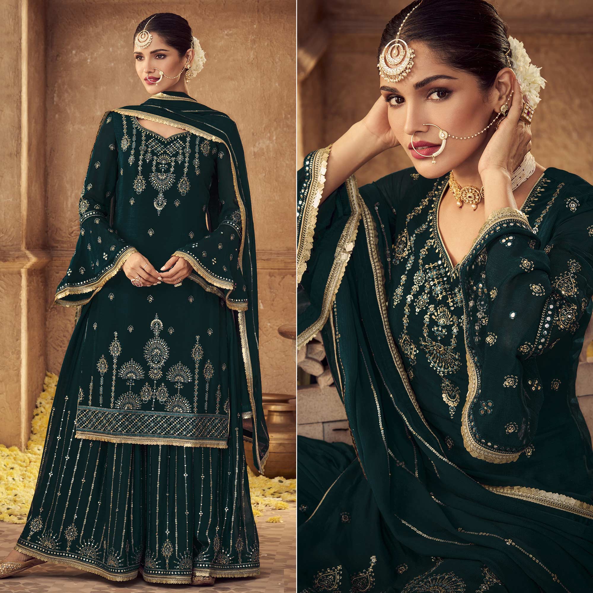 Green Sequins Embroidered Georgette Sharara Suit