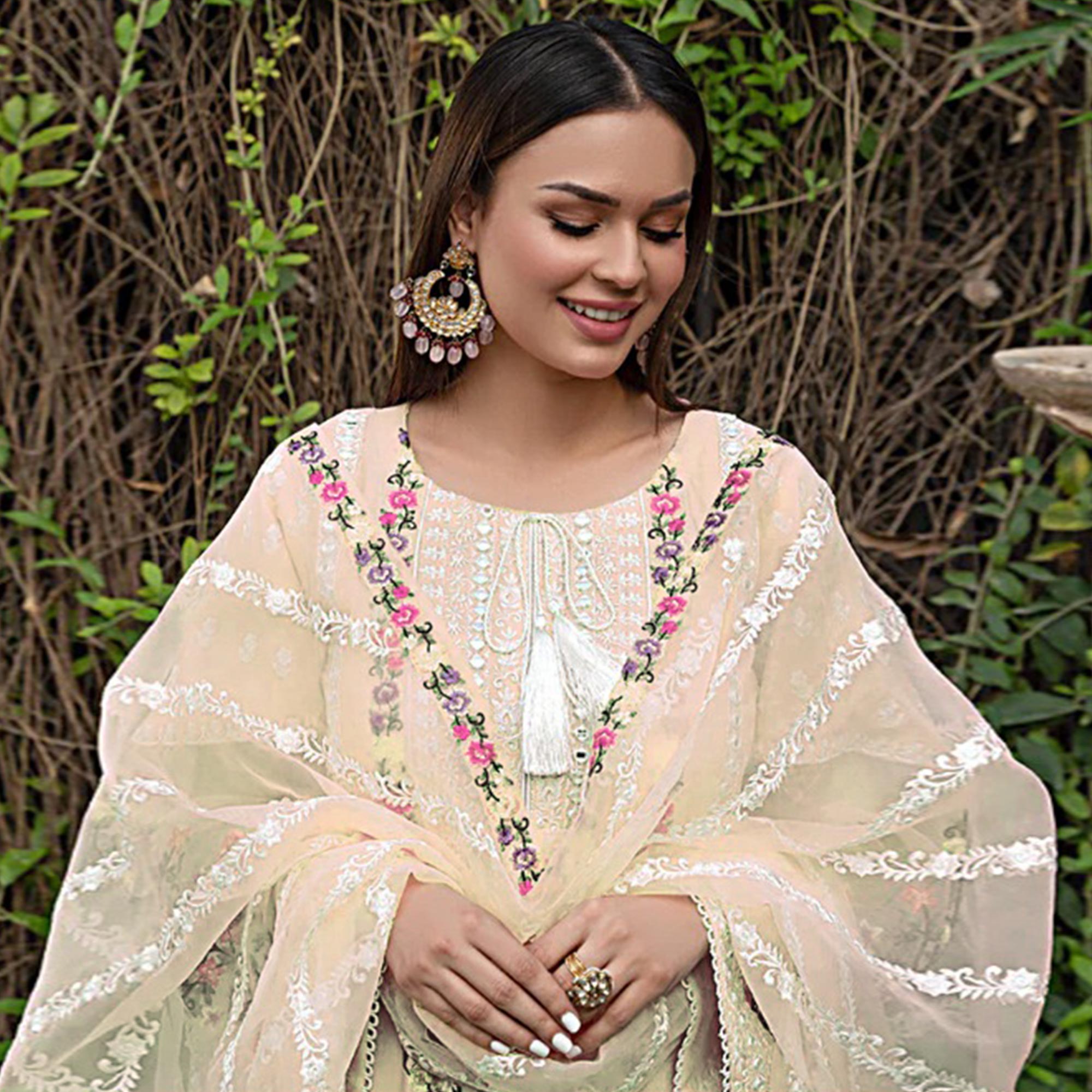Cream Floral Embroidered Georgette Palazzo Suit
