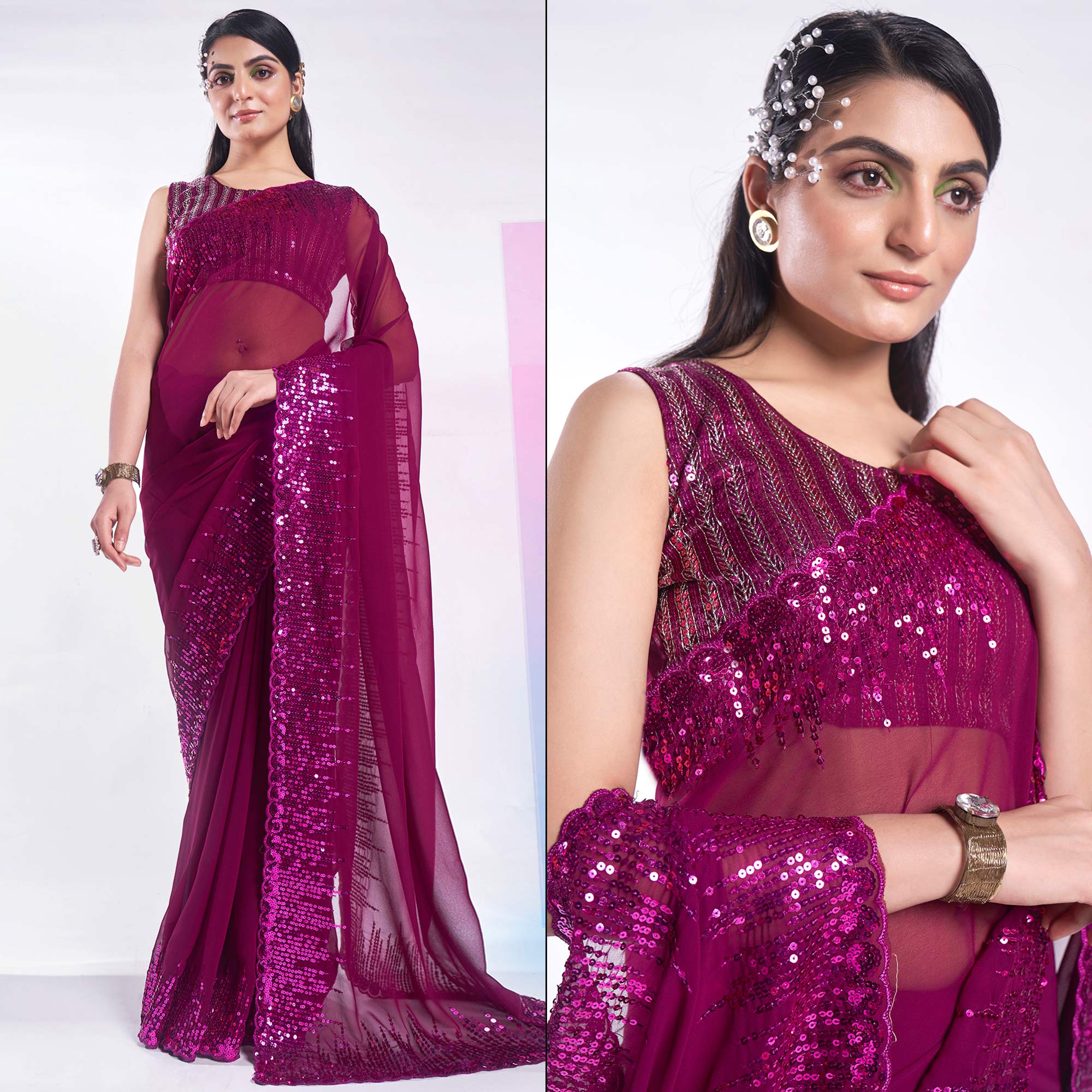 Purple Sequins Embroidered Georgette Saree