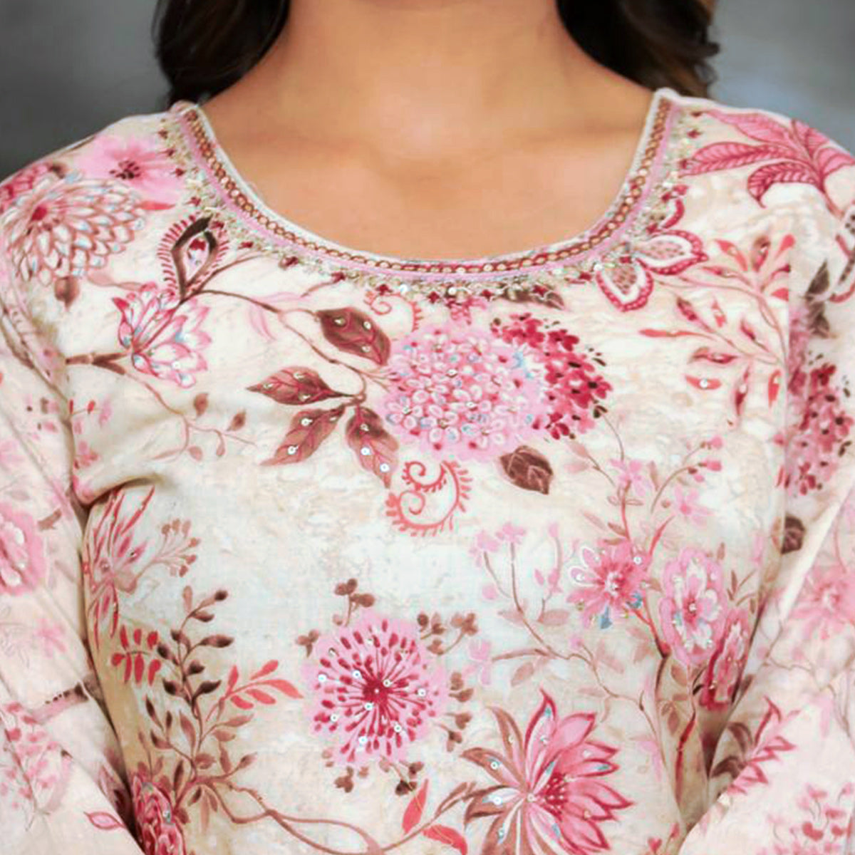 White & Pink Floral Printed Muslin Sharara Suit