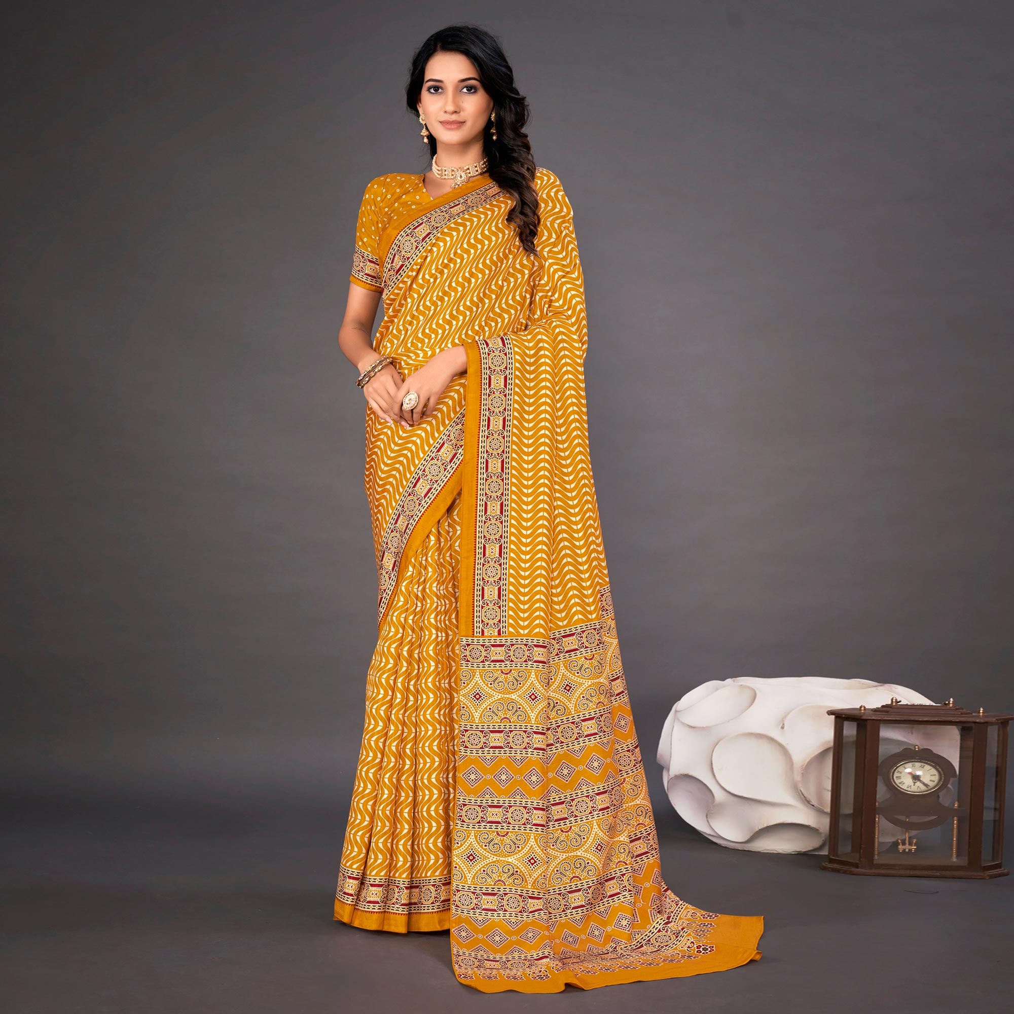 Mustard Printed Dola Silk Saree