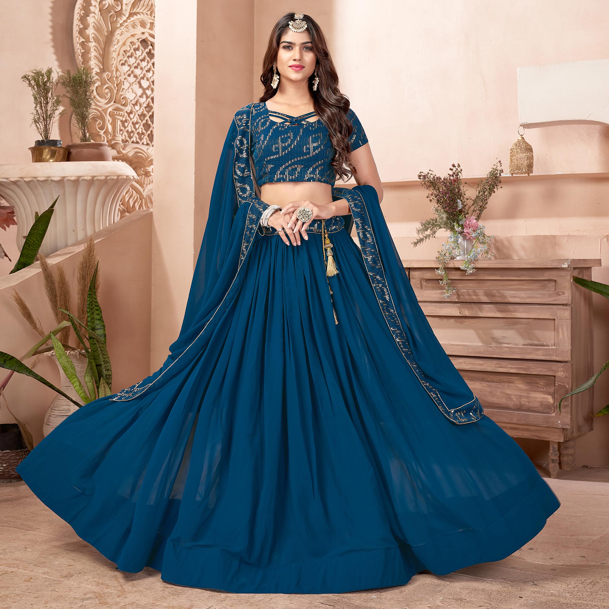 Teal Blue Sequins Embroidered Georgette Lehenga Choli