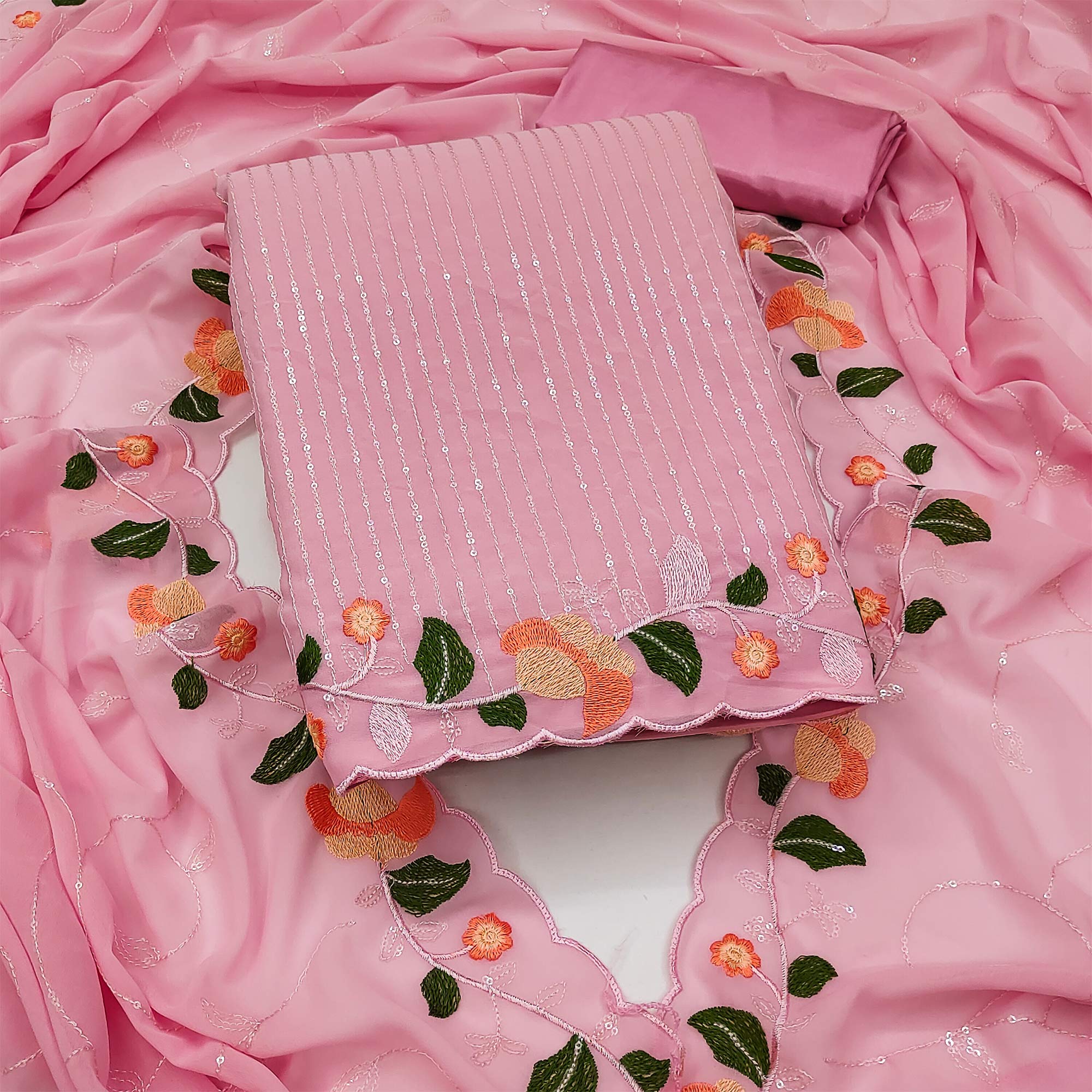 Pink Sequins Embroidered Georgette Dress Material